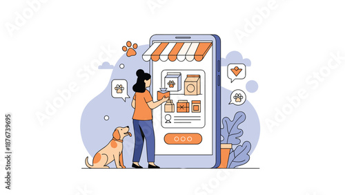 Woman using a mobile phone application to shop for pet supplies and dog food from an online store at her home.