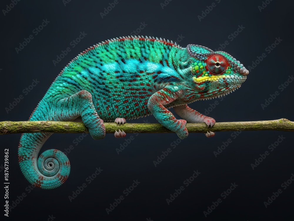 Fototapeta premium Vibrant Panther Chameleon on a Dark Forest Branch