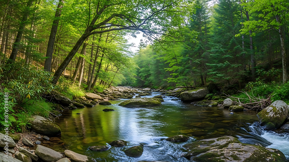 Fototapeta premium Forest river flowing between rocks surrounded by dense trees and reflections on water surface