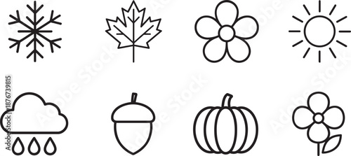 Silhouette vector seasonal icon grid set, outline style for all seasons and weather.