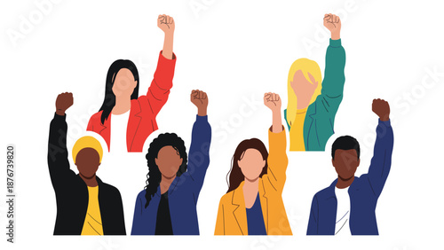 Diverse hands of different ethnicities raised together in fists to represent a symbol of protest, solidarity, and social justice.