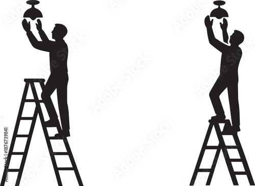 Silhouette vector of man on top step illustrating ladder safety rules and precautions.