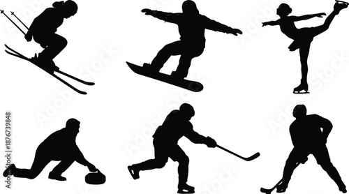 Collection of Winter Sports Silhouettes Including Skiing, Snowboarding, Skating, Hockey, and Curling