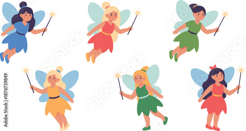 Set of Cute Fairy Characters with Colorful Dresses, Wings, and Magic Wands in Various Poses Illustration
