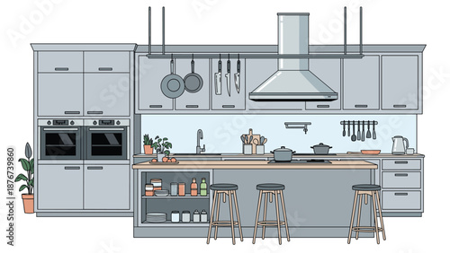 Modern kitchen interior with grey cabinets, a large island with stools, and various cooking utensils and appliances neatly organized.