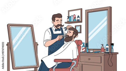 Professional barber using a comb and scissors to groom a man's beard in a traditional barbershop with mirrors and products.