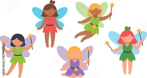 Set of Cute Fantasy Fairy Characters with Colorful Wings, Magic Wands, and Playful Poses Illustration