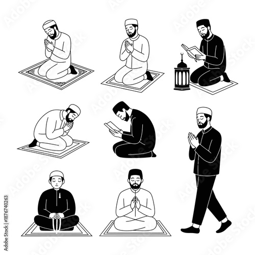 Spiritual Devotion: A collection of illustrations depicts diverse individuals engaging in acts of devotion and prayer. Each figure embodies the essence of peace and faith.