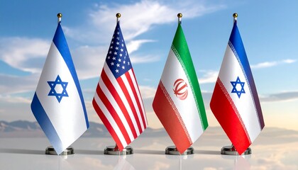 Israeli, U.S., and Iranian flags stand tall against a partly cloudy sky in a diplomatic arrangement.