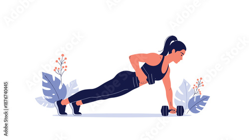 Athletic woman performs a challenging plank exercise while lifting a dumbbell during a high intensity workout session at home.