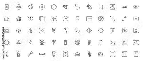 Photography icon set. Camera vector icons pack. Minimal line icons including lens, flash, tripod, drone, selfie, editing, lighting and more. Editable stroke.