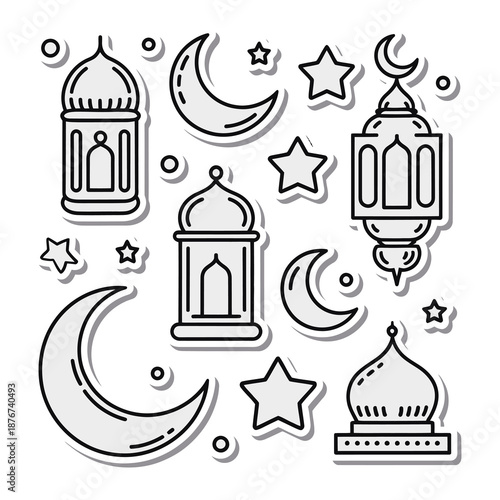 Lunar Whispers: Enchanting illustration featuring lanterns, crescent moons, and stars, celebrating a spiritual journey. Capturing the essence of night and dreams.