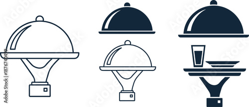 Set of Food Serving Cloche Icons Featuring Restaurant Trays, Covered Dishes, and Minimal Line Art Designs Illustration