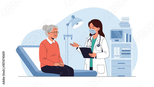 Female doctor in a white coat and face mask consults with a senior woman sitting on an examination table in a clinic.