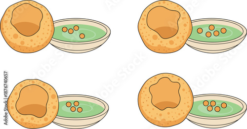 Set of Pani Puri Golgappa Illustrations Featuring Hollow Crispy Puris with Spicy Water and Filling Ingredients