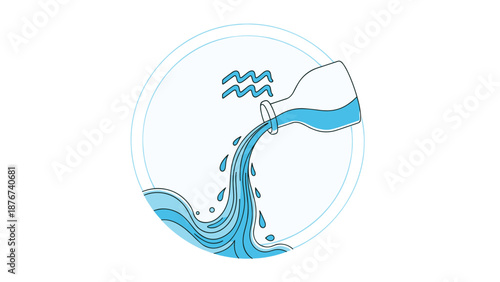 Stylized illustration of the Aquarius zodiac sign features water flowing gracefully from a tilted earthenware jar.