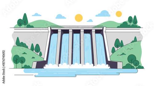 Massive hydroelectric dam releases powerful streams of water through its spillway to generate sustainable green energy.