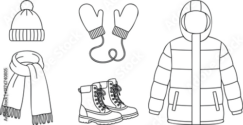 Set of Winter Clothes Vector Line Art Illustration featuring Puffer Jacket, Boots, Mittens, Scarf, and Beanie Hat