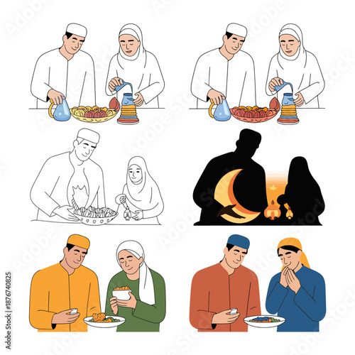 Ramadan Feast Illustration: A culturally rich depiction of a family observing Ramadan, engaging in traditional meal preparations and sharing meals during this sacred time.