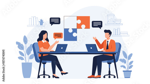 Two professional colleagues sit at a table and discuss complex problem solving strategies using large puzzle piece icons.