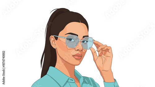Fashionable young woman poses while wearing stylish hexagonal tinted sunglasses and a bright turquoise button up shirt.
