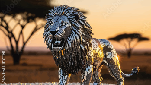 Majestic mosaic lion sculpture in savannah at sunset