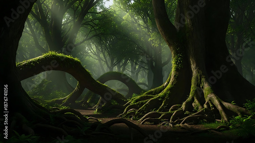 Ancient forest with massive trees thick roots and deep green shadows creating mystical mood