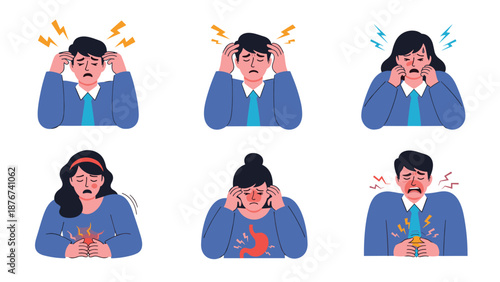 Collection of diverse people experiencing common health symptoms like severe headaches, stomach pain, and high fever.