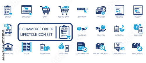 E-commerce order lifecycle icon set featuring shopping cart, checkout, payment, invoice, shipping, warehouse, inventory tracking, delivery, and order processing symbols.