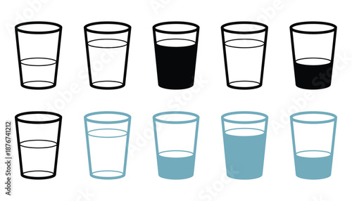 Water glass icon vector set, blue and black flat outline, including tall, full, half, and empty drink glasses, milk and water symbols, line pictograms, clean modern vector illustration 
