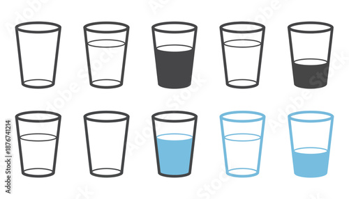 Water glass icon vector set, featuring tall, full, half, and empty glasses, blue and black flat outline style, including milk and water symbols,
