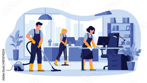 Professional cleaning crew efficiently sanitizes a modern office by vacuuming the floor and dusting desks and equipment.