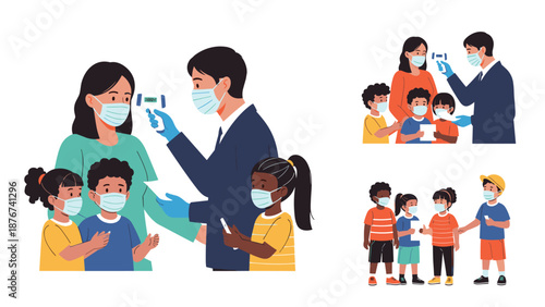 Healthcare workers use infrared thermometers to check the temperatures of families and children to ensure public health safety.