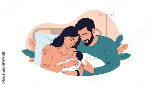 Happy parents embrace their newborn baby while resting together in a hospital bed following a successful and safe delivery.