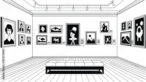 Perspective line art drawing depicts a spacious art gallery interior filled with diverse paintings displayed on the walls.