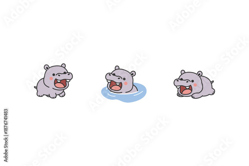 Cute kawaii hippopotamus collection, vector illustration