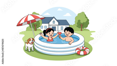 Young boy and girl play happily in an inflatable backyard pool while their pet dog watches from the green grass.