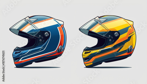 Formula 1 A vector graphic illustration of two motorcycle helmets with vibrant designs