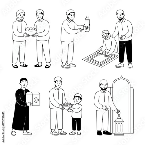 Ramadan: a collection of illustrations depicts the spirit of Ramadan, with individuals engaged in acts of worship, generosity, and community involvement. 