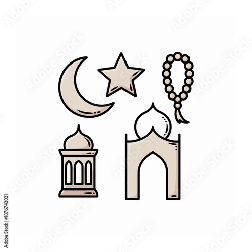 Islamic Symbols Illustration: A collection of meticulously crafted Islamic symbols, including a crescent moon, star, rosary beads, lantern, and mosque, each radiating with symbolic significance. 