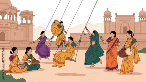 Indian women in traditional saris celebrating cultural festival with music and wooden swings in historic building courtyard.