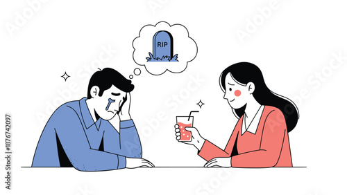 Compassionate woman offering emotional support and refreshing drink to grieving man mourning a loss at a table.