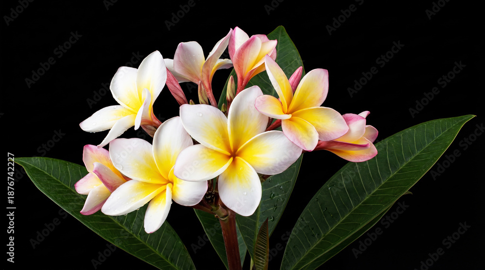 Fototapeta premium Yellow and white frangipani on black background