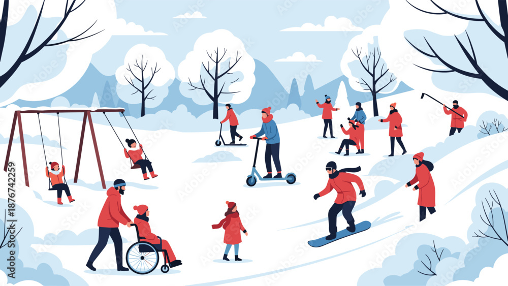 Fototapeta premium Joyful families and children enjoying winter park activities including sledding and swinging in snowy weather.