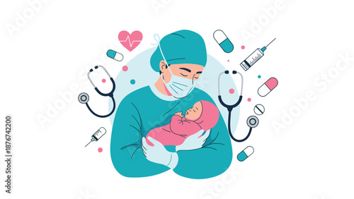 Professional medical surgeon in uniform holding newborn baby in clinic environment surrounded by healthcare symbols.