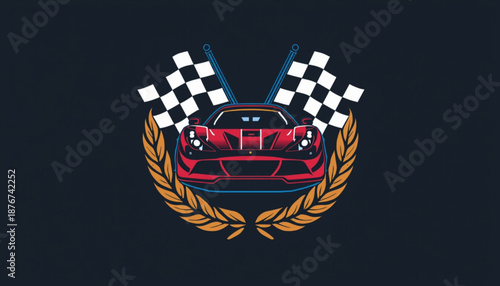 Formula 1 A vector graphic illustration of a red sports car with checkered flags and a laurel wreath on a