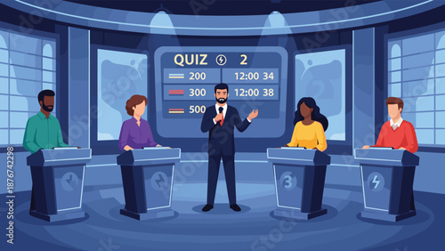 Quiz show television set with professional host and diverse contestants standing at game podiums in studio.