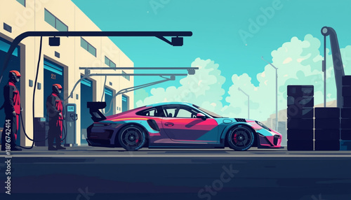 Formula 1 A vibrant illustration of a pink and blue sports car being refueled at a gas station with two attendants in red uniforms.
