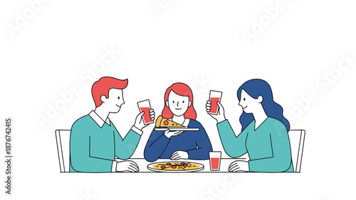 Group of happy friends sharing tasty pizza and drinks while sitting at restaurant table during social gathering.