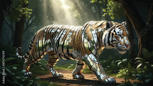 Majestic mosaic tiger walking through lush forest with sunlight